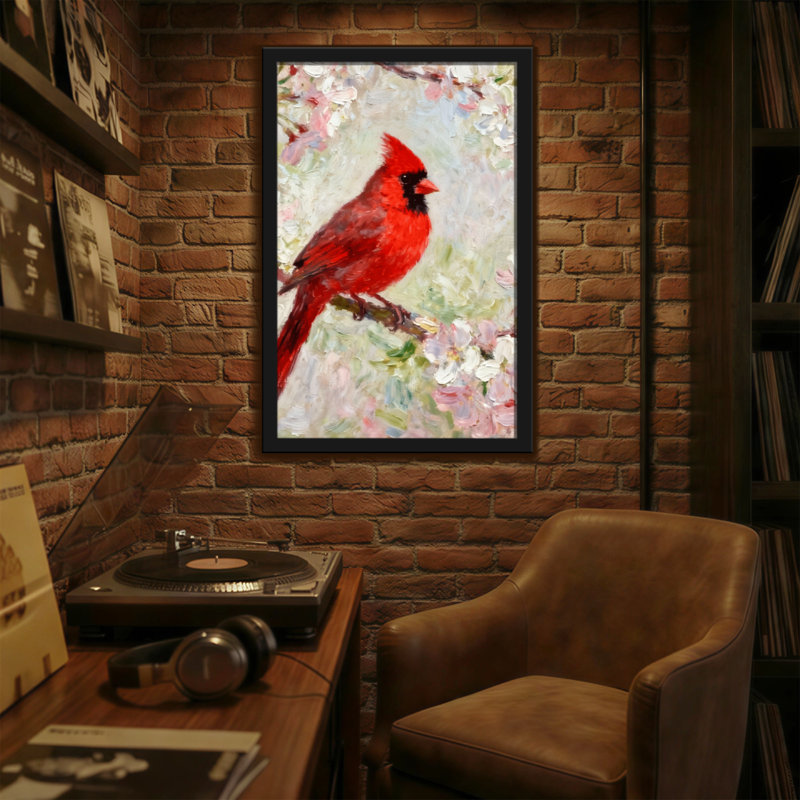 Animaux, cardinal rouge perché parmi les cerisiers en fleurs, H 30 po x l 20 po