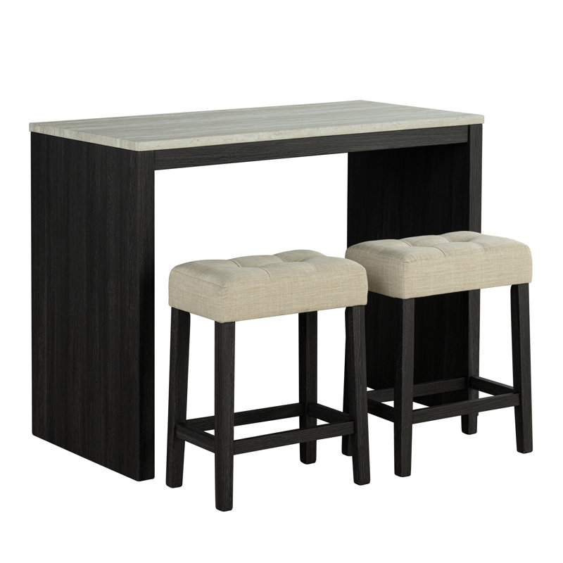 Black/grey/beige Transitional 3-pc Dining Set - 47"w Travertine Table Top W/ Usb Charging, Biscuit-tufted Stools & Storage Shelve Premium Travertine Tabletop?