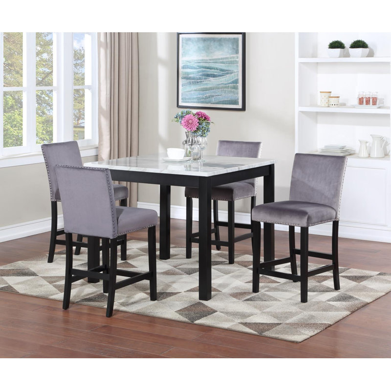 Table de salle à manger en marbre blanc avec 4 chaises en velours gris