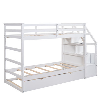Lit superposé en bois massif pour deux lits simples avec lit gigogne simple et escalier de rangement à 3 tiroirs, cadre de lit superposé pour enfants avec barrières de sécurité hautes