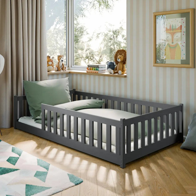 Montessori Wooden Bed Otis EU Small Double – Floor-Hugging Pine, Contemporary Secure Frame & Slat Kit, Graphite