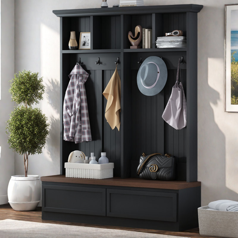 Hall Tree With Bench And 2 Drawers, Black