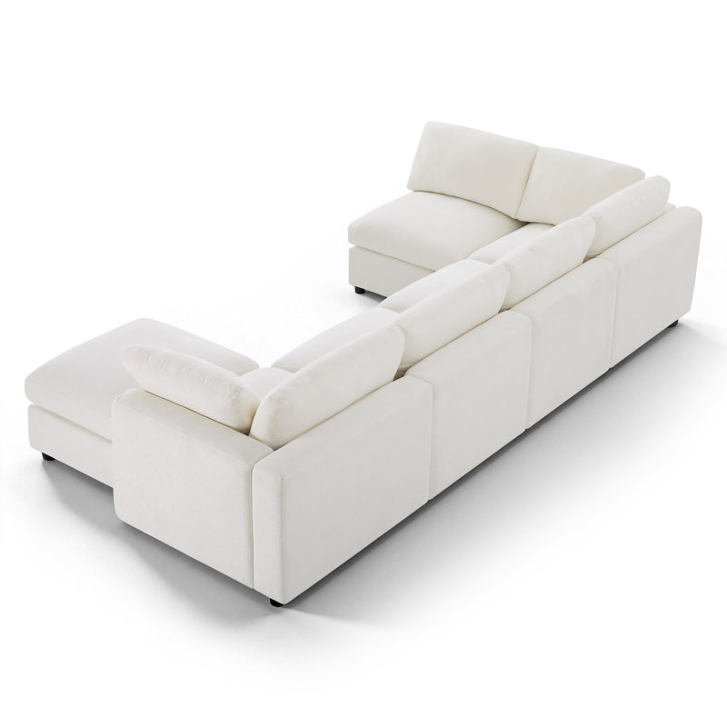 Canapé d'angle modulaire de 129 po avec pouf, canapé 6 places en chenille, Chenille beige