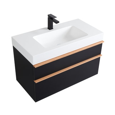 Meuble-lavabo noir de 36 po pour salle de bain avec glissières de tiroir à fermeture en douceur, lavabo en acrylique de haute qualité, armoire flottante pré-assemblée, poignées personnalisables, 2 tiroirs intégrés à finition Skin-Feel