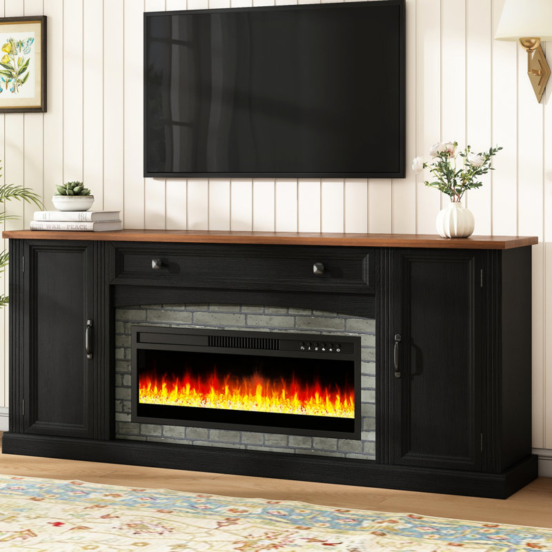 Meuble télé avec foyer électrique et solution de rangement polyvalente, support de 178 cm (70 po), fini noyer, armoire noire, tiroir et étagères pour l'organisation du salon. Plateau, base et grand espace de rangement pour appareils multimédias et objets personnels.