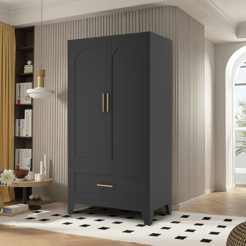 Armoire-penderie 60 po en métal noir avec 2 portes, tringle, tiroir et tablette | Idée cadeau