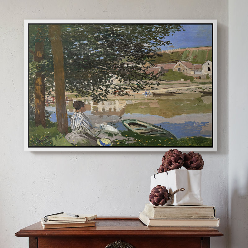 Sur la berge de la seine, Bennecourt, 1868 - Claude Monet, toile tendue avec châssis, 16 x 24, Blanc