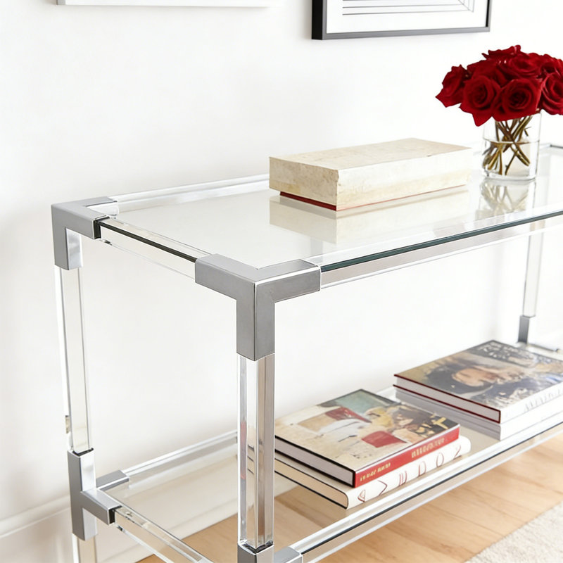 Console moderne en verre acrylique, H 31,5 po x l 31,5 po x P 13,78 po, Transparent / Argent