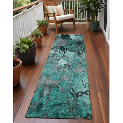 Tapis de couloir intérieur / extérieur 8 pi noir et gris floral lavable antidérapant