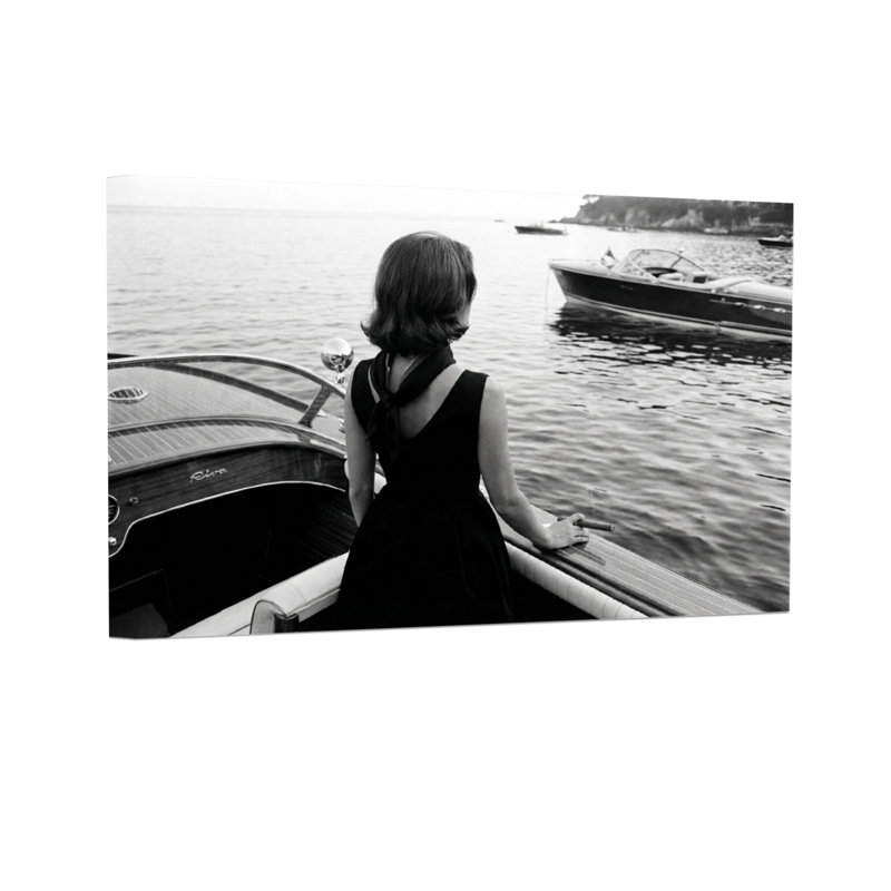 Scène d'eau en bateau à la mode en noir et blanc, H 20 po x l 30 po