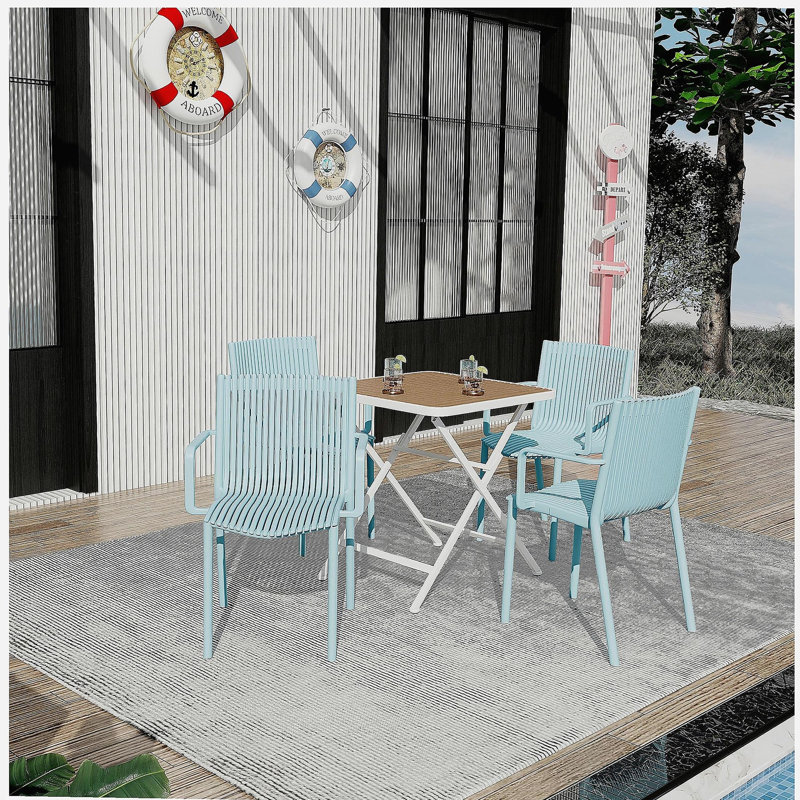 Holiday- 4pcs Light Blue Stackable PP Armchair for Indoor/Outdoor Use-Ergonomic Slatted Back with Modern folding indoor/outdoor multi-functional square table- PP tabletop with metal legs(White, khaki)