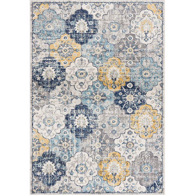 Tapis floral bleu et jaune, Tapis de couloir 2 pi x 6 pi