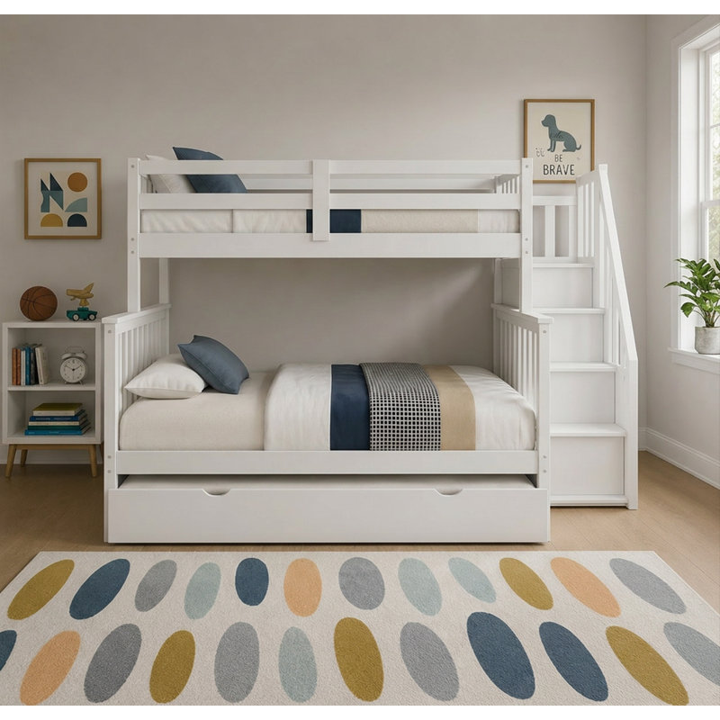 Lit simple superposé au dessus d'un lit double avec lit gigogne et rangement, aucun sommier requis, blanc, Blanc