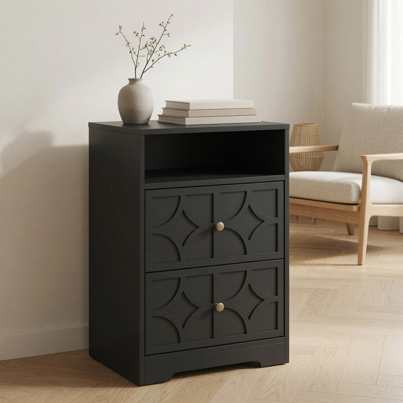18.9" Width Wood Nightstand with 2 Drawers & Charging Station, Diamond Carved Side Table, Black
