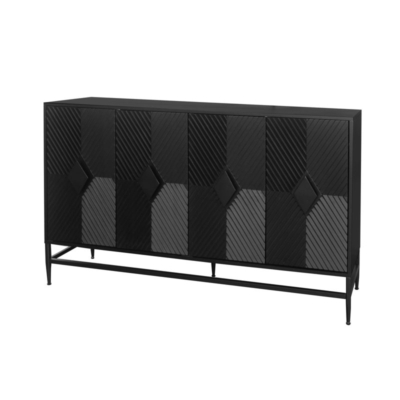 Buffet avec armoire à 4 portes en bois laqué noir mat avec tablettes réglables pour le salon, le couloir d'entrée, l'espace de travail, la cuisine et la salle à manger