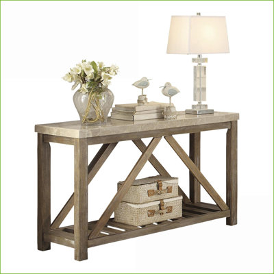 Table basse à plateau en marbre blanc crème - Base en bois patiné, supports en angle pour le salon