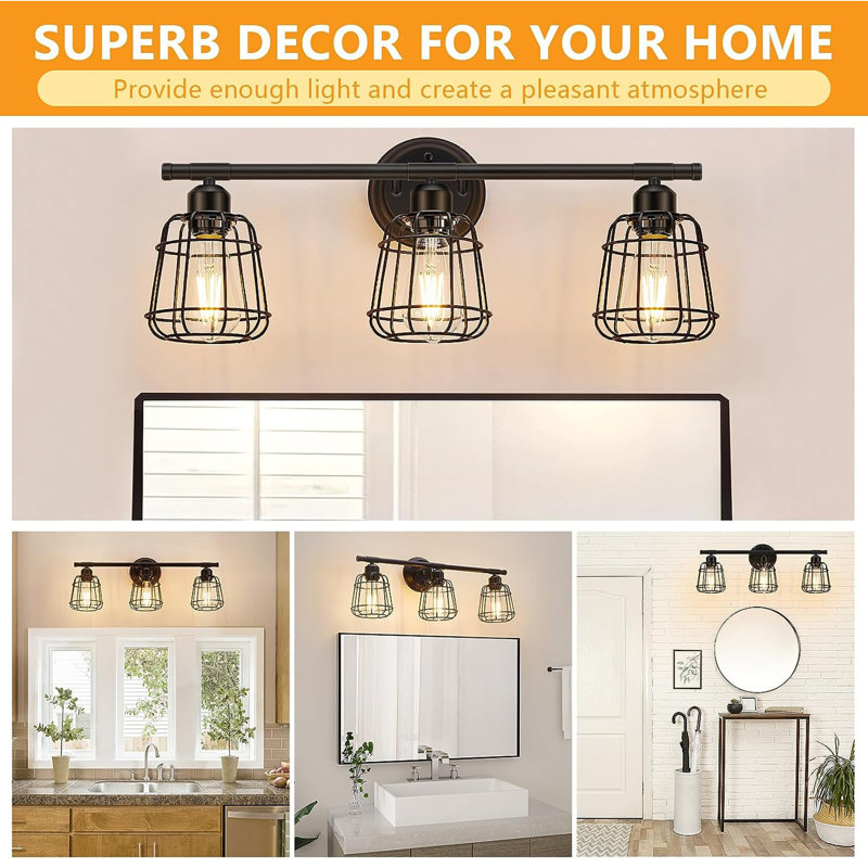 Matte Black 3-Light Industrial Cage Vanity Light