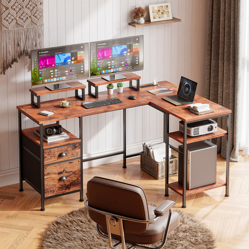 66 in. L-Shaped Computer Desk with 2 Monitor Stand, Power Outlet, Cabinet Gaming Desk Metal Base with Drawers Writing desk for Home Office