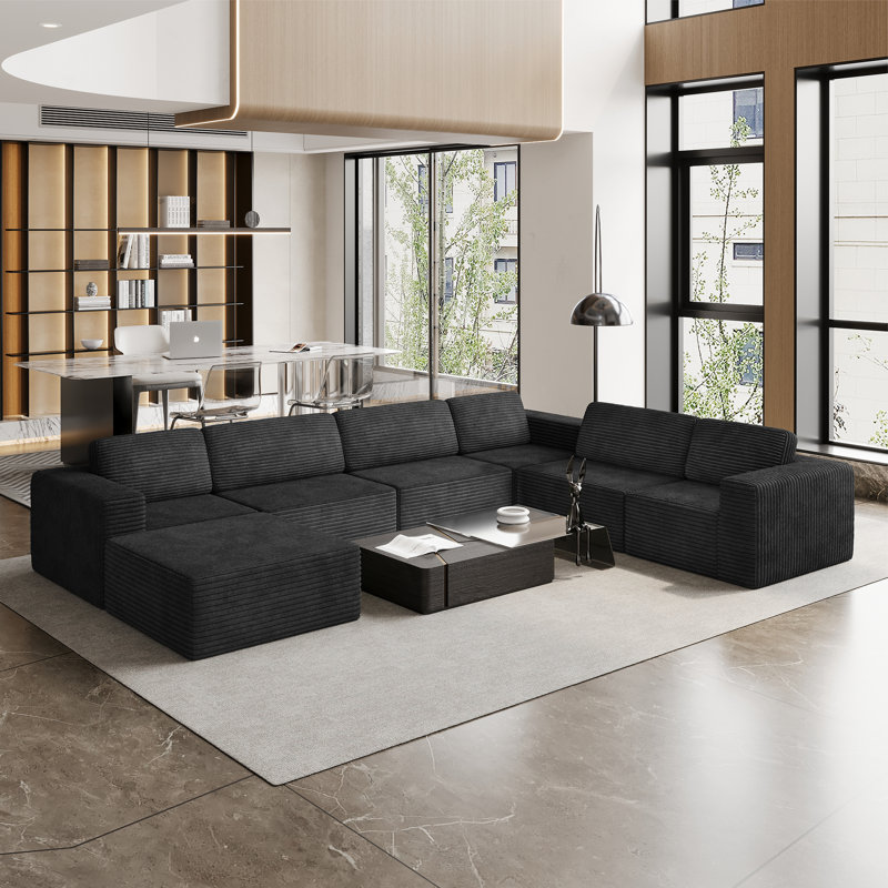 Modular Oversized 404Cm 6-Seater Right-Facing L-Shaped Corduroy Sofa, No Assembly Required   , Black