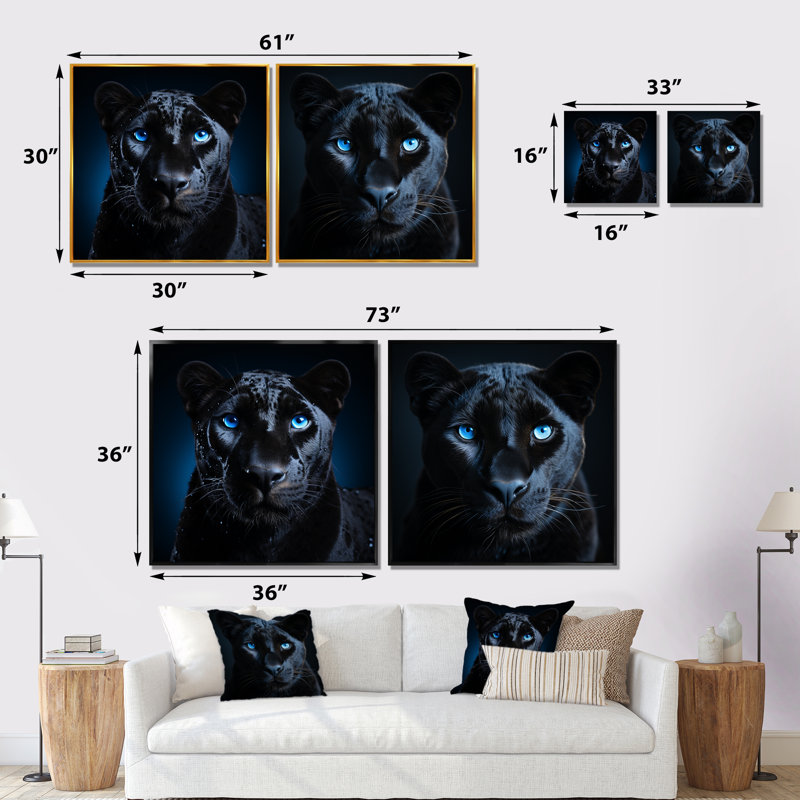 «Blue and Black Panther Portrait I», ensemble de 2 reproductions d'art sur toile, Toile tendue, H 16 po x l 33 po x P 1 po