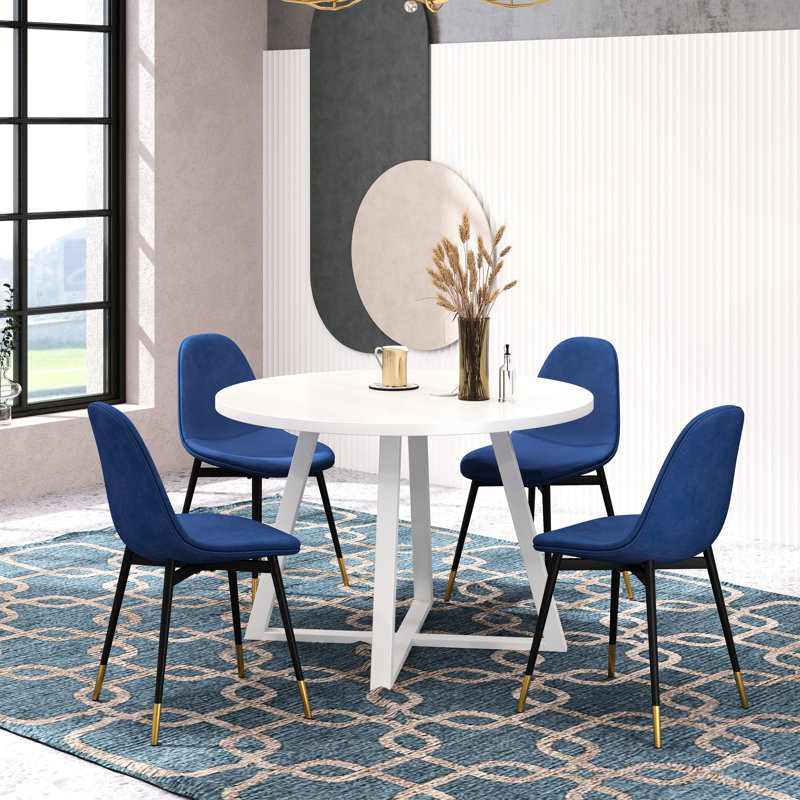 5 Tables de salle à manger bleues et modernes en bois avec 4 chaises à dossier rond