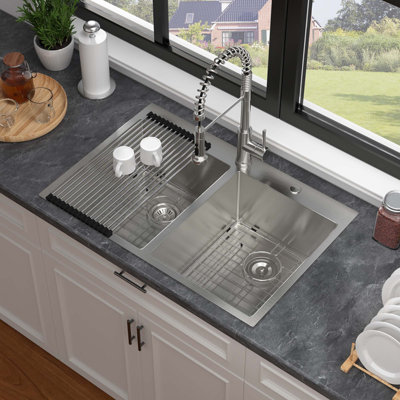 33" Double Bowl Drop-In Kitchen Sink 16 Gauge Stainless Steel 50/50 Split, Brushed Nickel