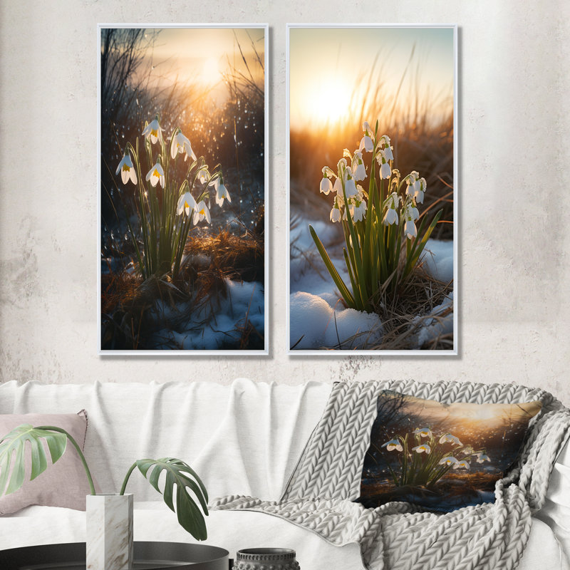 «Green Snowdrops Winter Sunset - Snowdrops», ensemble d'art mural sur toile, Cadre blanc, H 40 po x l 41 po