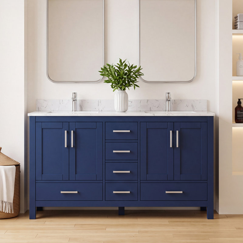 Meuble-lavabo de 60 po de qualité supérieure avec lavabo double et trou pour robinet 60 po, Bleu, Nickel brossé