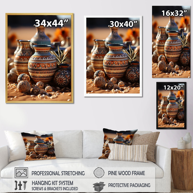 Art amérindien Poteries - Art mural amérindien pour le salon, H 40 po x l 30 po x P 1,5 po, Toile tendue