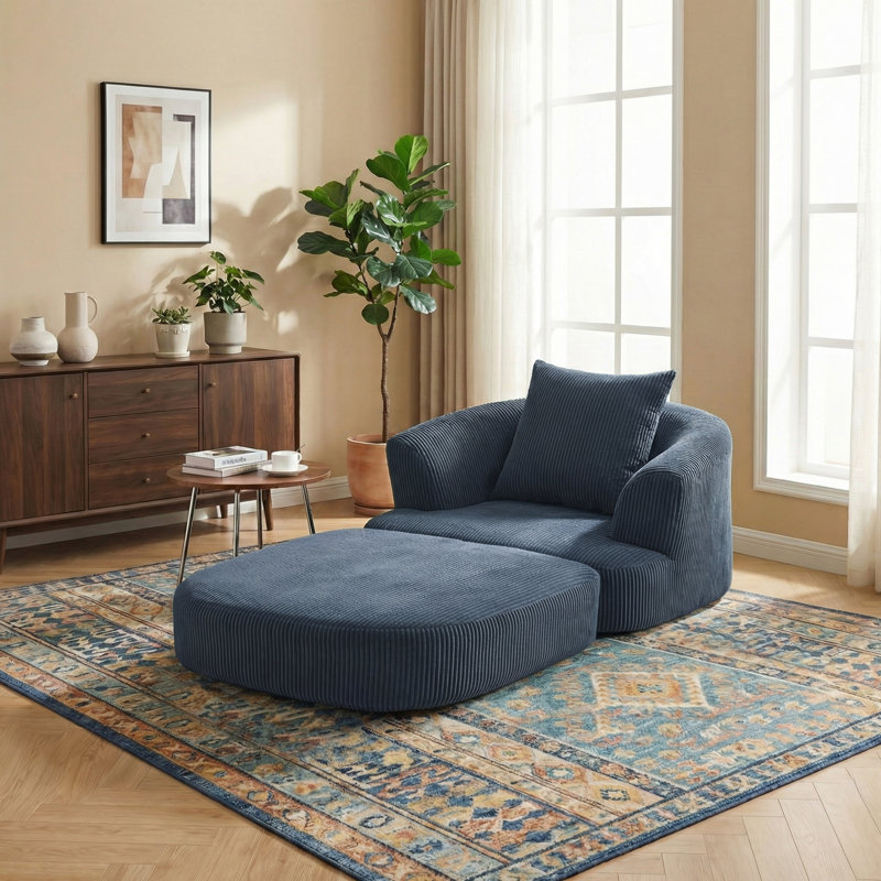 Oversized Upholstered Convertible Accent Barrel Chair, Blue Corduroy