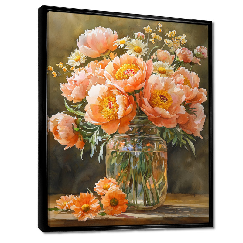 «Golden Hour Peony Bouquet At The Farm III» - pivoines, art mural, Noir, Reproduction avec cadre flottant, H 20 po x l 12 po