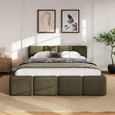 Grand lit plateforme, tête de lit et pied de lit épais Boucle, lits capitonnés rembourrés, style bloc, vert