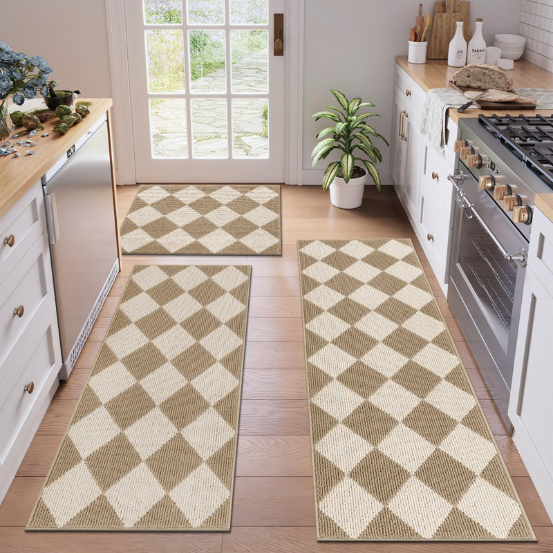 Tapis de cuisine antidérapant lavable à la machine, Beige / Blanc
