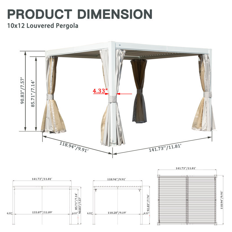 12 Ft. W x 10 Ft. D Aluminum Pergola, White