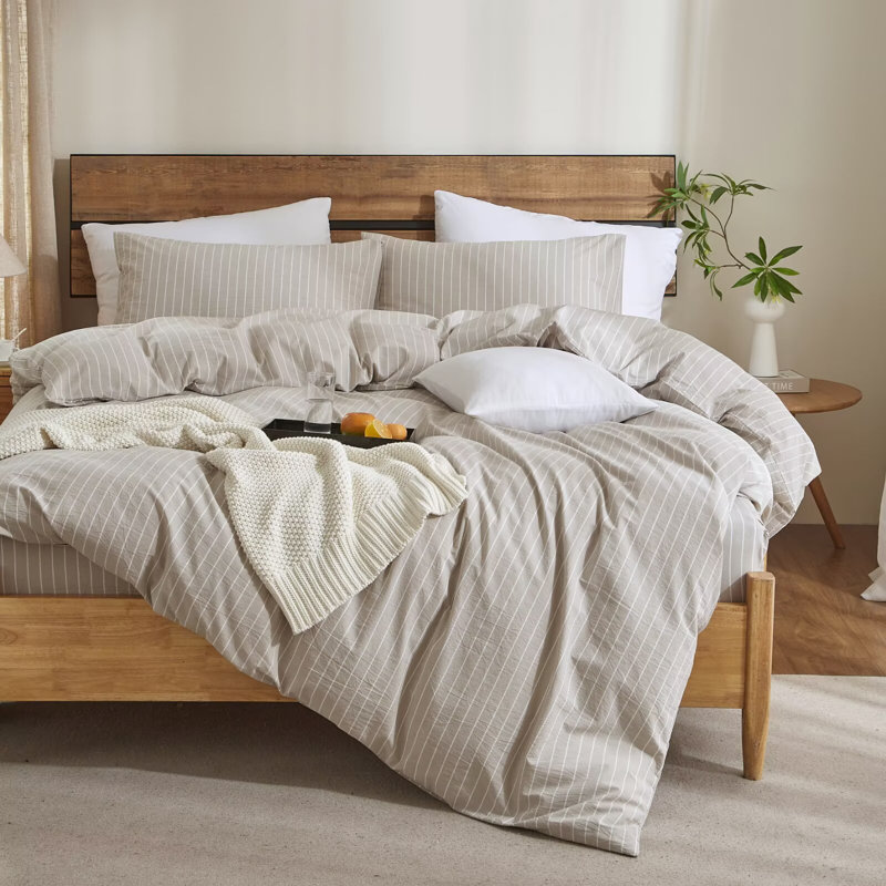 XINMIANFANG Striped Duvet Cover Set 100% Washed Cotton Comforter Cover for All Seasons Linen Feel Bedding Set