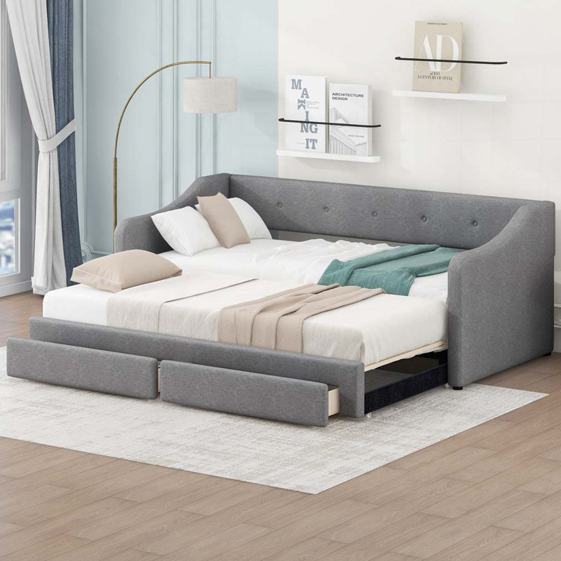 Extendable Upholstered Daybed with Two Drawers, Gray