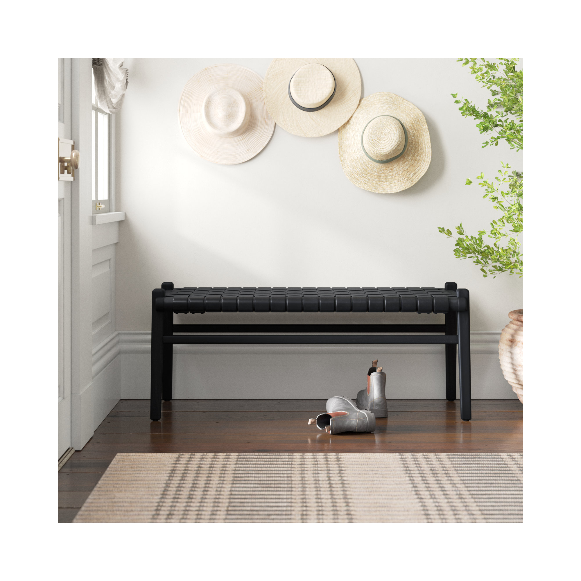 Genuine Leather Bench, Black