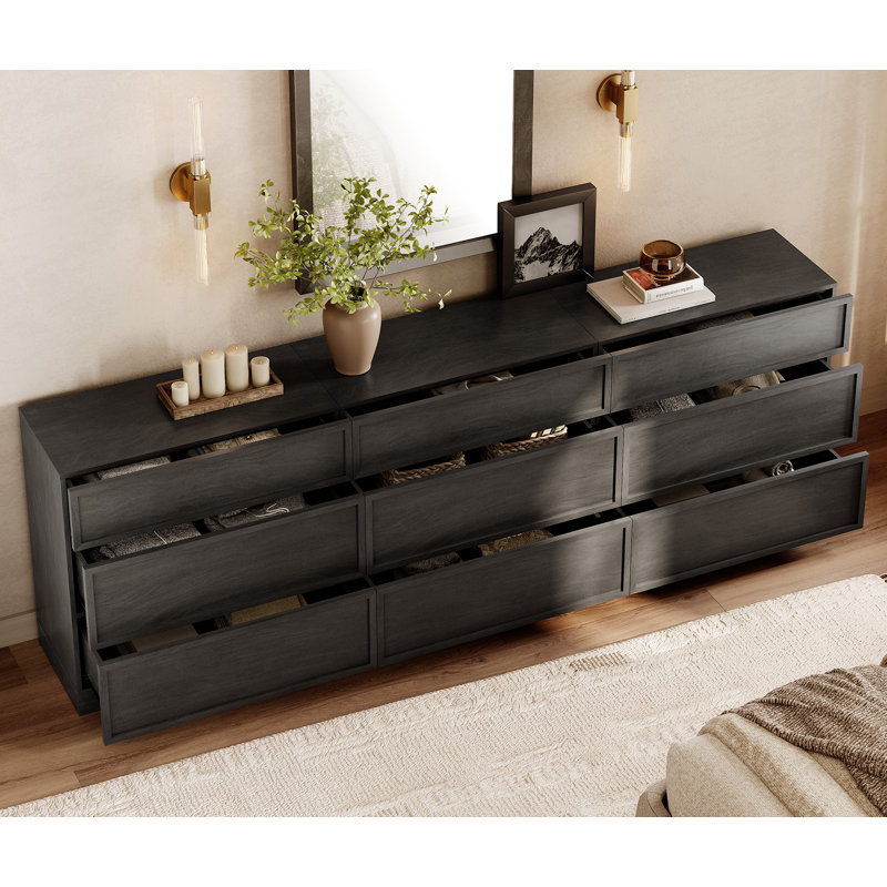 Buffet moderne 94,5 "avec 9 tiroirs, buffet multifonctionnel avec grand rangement et tablette réglable, Black