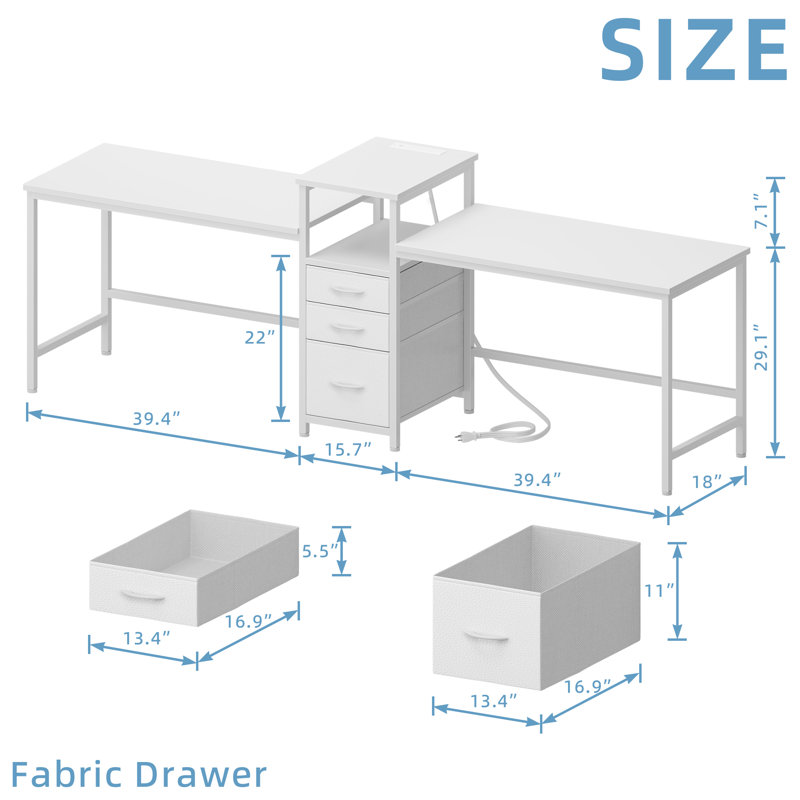 Melaniece Metal Base Computer Desk with Power Outlet, White/White