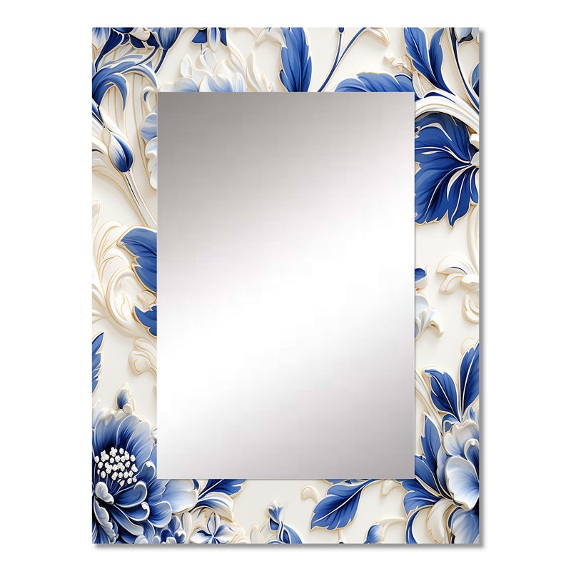 Holman Victorian Cobalt Blue Filigree Victorian Pattern - Floral Decorative Wall Mirror, Cottage Large Mirror, Printed Metal Art