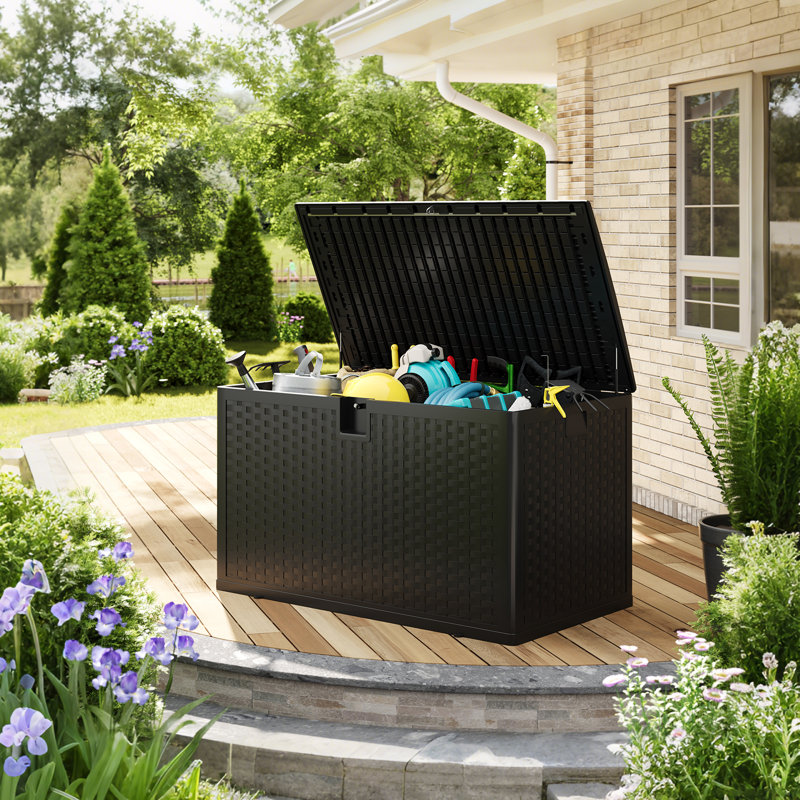 120 Gallon Resin Deck Box, Waterproof Outdoor Storage Box with Lockable Lid & UV Resistant, Patio Furniture Cushion Storage Container for Garden, Backyard, Poolside(Black)