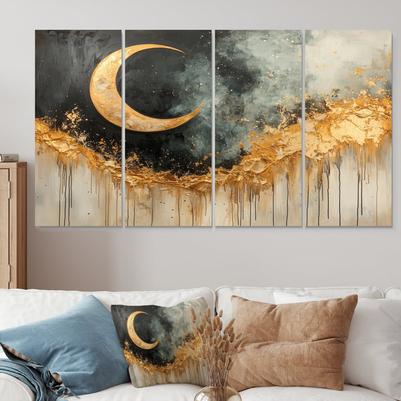 «Golden Eclipse Moon Reverie», art mural astronomique pour le salon, H 28 po x l 48 po