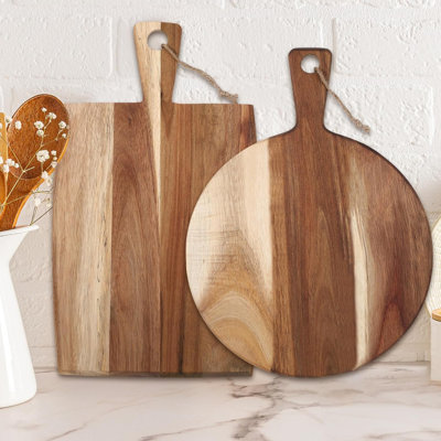 2 Pcs Wood Cutting Board with Handle, Wooden Charcuterie Board Large Paddle Carving Chopping Set