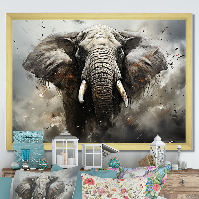 «Elephant Symphony Stampede II», reproduction sur toile, H 24 po x l 32 po x P 1 po, Cadre doré simple