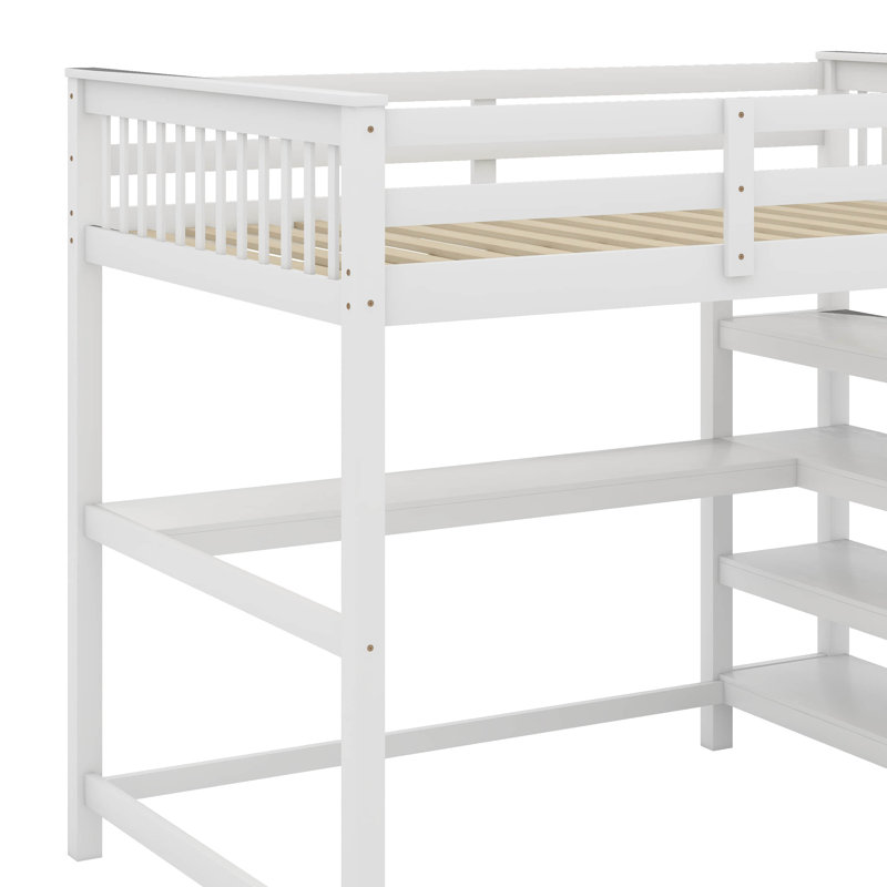 Lit mezzanine double avec tablettes et bureau, Blanc