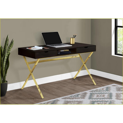 Desks, 47'' L Home Office Computer Desk with Storage Drawers &amp; Shelf, Gold Metal Base, Espresso Brown | Particle Board