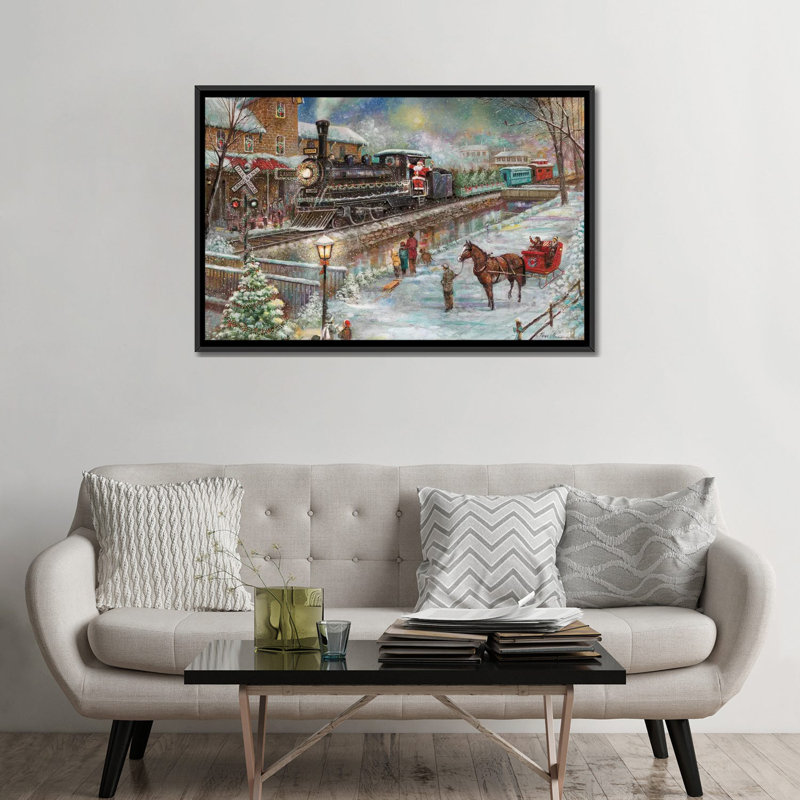 Train de Noël par Ruane Manning - reproduction d'art, H 32 po x l 48 po x P 1,5 po, Toile avec cadre noir, Aucun mat