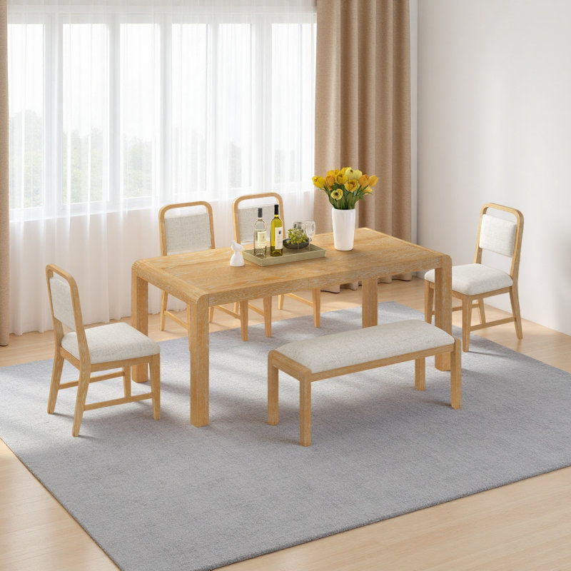 Ensemble de table de salle à manger vintage extensible pour 4 à 6 personnes avec 4 chaises rembourrées et 1 banc, Naturel