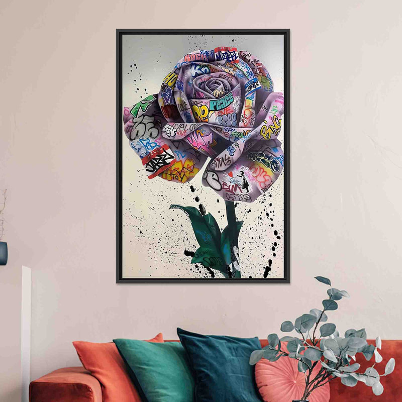«Elegant Banksy Rose Graffiti», reproduction d'art sur toile plate, 1 toile noire encadrée, H: 27,6 po x l: 19,8 po