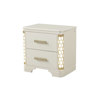 2 Beige Nightstand With Side Led Lightning And Gold Accent Drawer Pulls For Bedroom Wood In 2 Drawers, Captivating